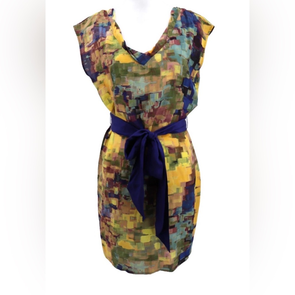 MAEVE Print Yellow Dress with Navy Belt
